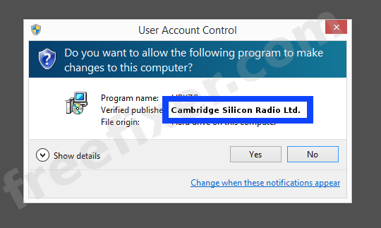 Screenshot where Cambridge Silicon Radio Ltd. appears as the verified publisher in the UAC dialog